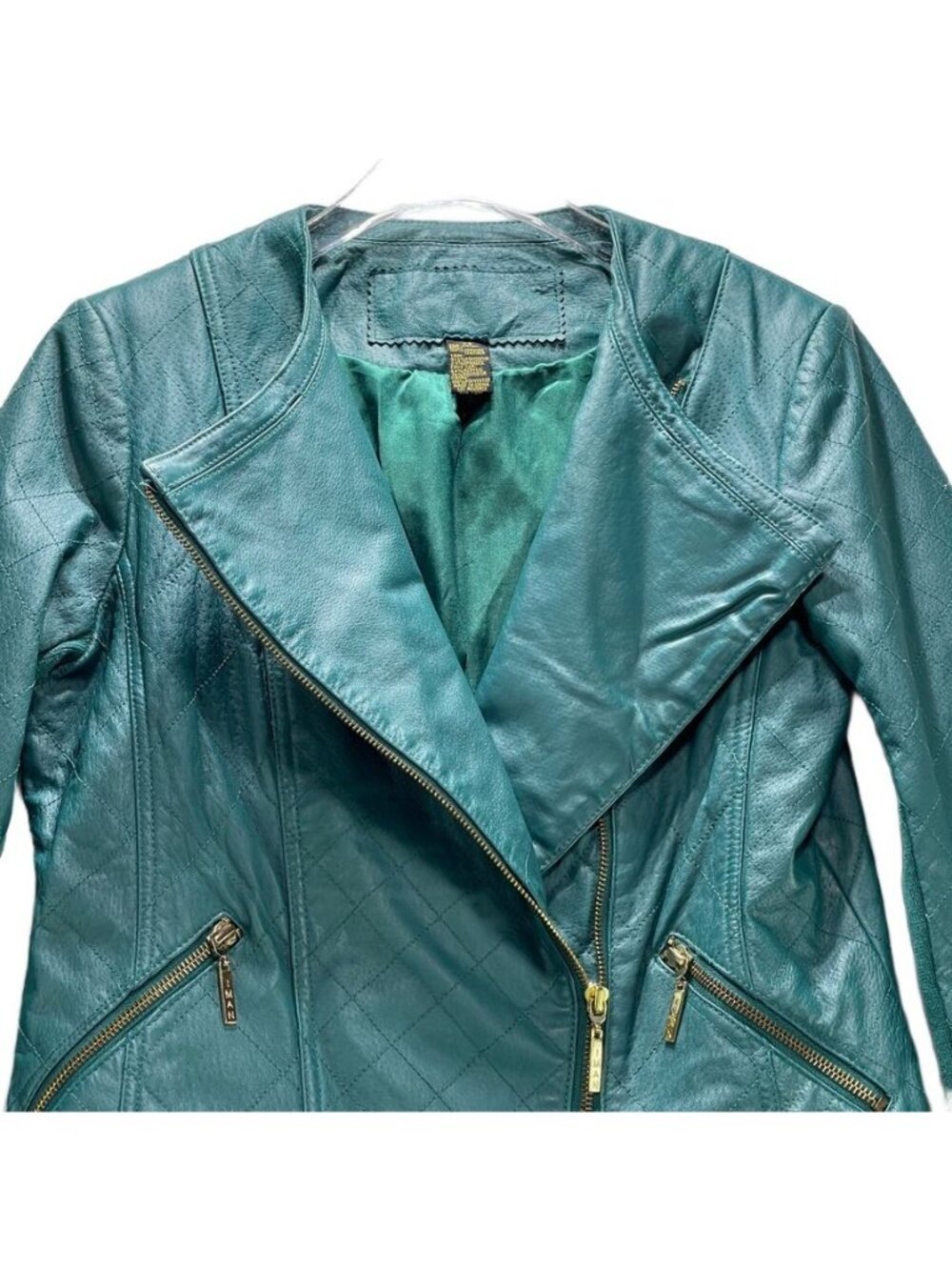 Iman Teal Leather Asymmetrical Moto Jacket XS Zipper Pockets Womens Size Small - Picture 9 of 13